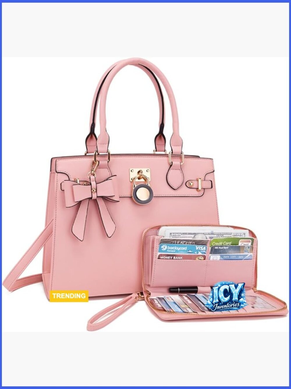 Faux Leather Top Handle Satchel Tote Shoulder Work Bag With Matching Clutch